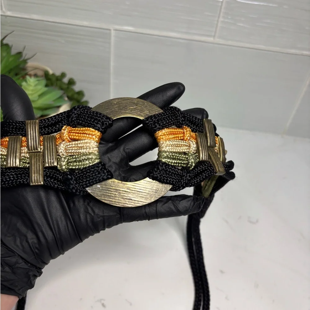 Vintage 80s Mixed Metallic Braided Cord Belt Earth Tones Hook Buckle